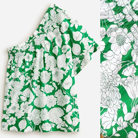 J. Crew Smocked One-Shoulder Top in Kelly Floral Green S - Picture 1 of 8